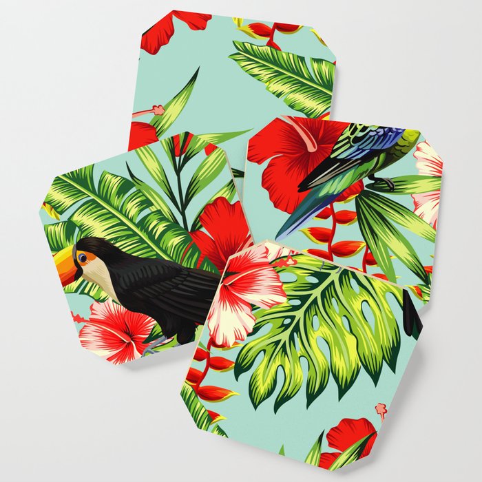 tropic bird toucan multicolor parrot background exotic flower hibiscus palm leaf summer floral plant nature animals wallpaper pattern Coaster