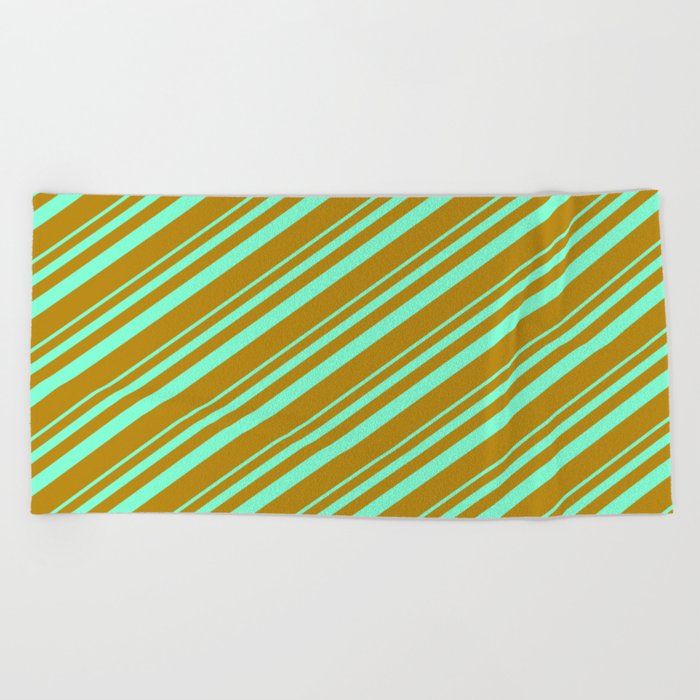 Aquamarine & Dark Goldenrod Colored Lined/Striped Pattern Beach Towel