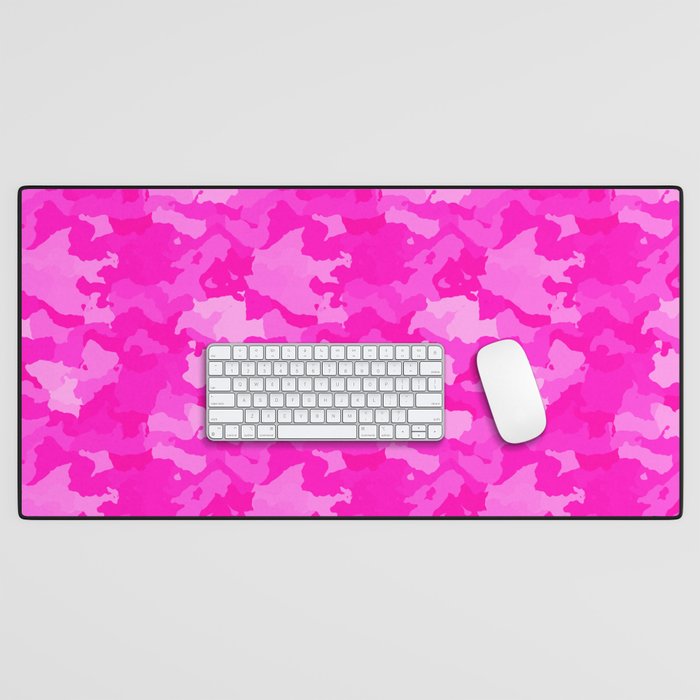 Hot Shocking Neon Pink Girlie Feminine Camo Camouflage Pattern Desk Mat