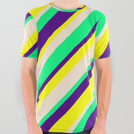 [ Thumbnail: Indigo, Yellow, Beige & Green Colored Pattern of Stripes All Over Graphic Tee ]