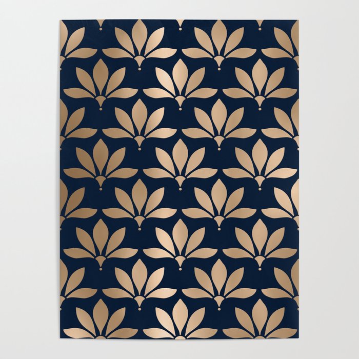 Gold and Navy Art Deco Leaf Design Poster