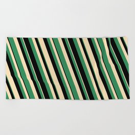 [ Thumbnail: Tan, Sea Green & Black Colored Striped Pattern Beach Towel ]