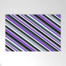 [ Thumbnail: Eye-catching Dark Slate Gray, Grey, Purple, Light Cyan, and Black Colored Lines Pattern Welcome Mat ]
