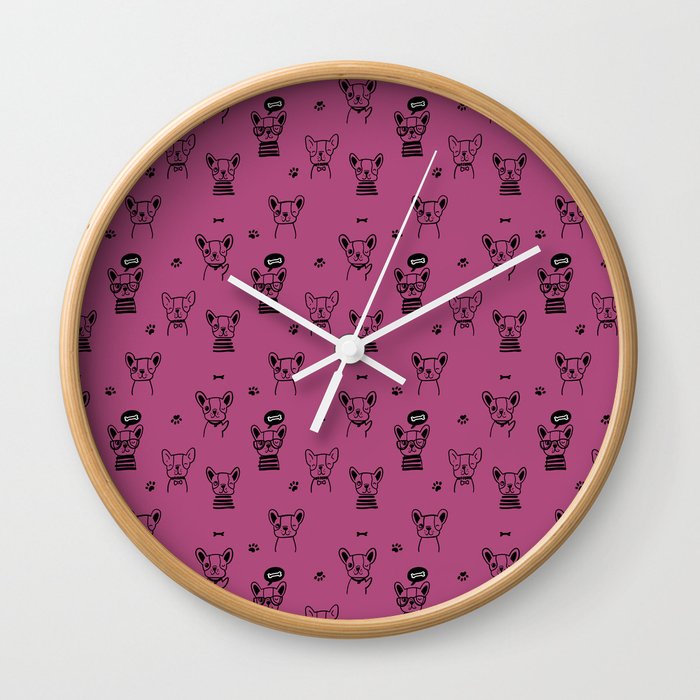 Magenta and Black Hand Drawn Dog Puppy Pattern Wall Clock