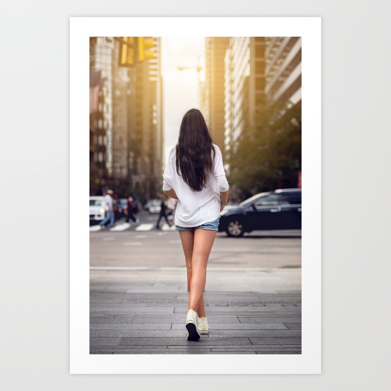 Beautiful Girl With Long Legs Walking Around New York City Street Wearing Jeans Shorts Rear View Art Print By Janifest Society6