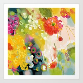 abstract floral art in yellow green and rose magenta colors Art Print