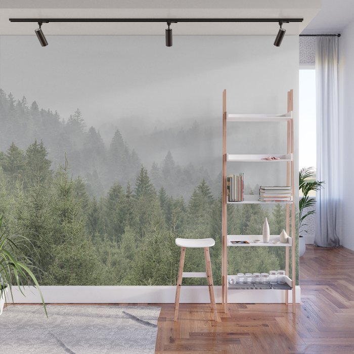 Foggy Pine Tree Forest Wall Mural
