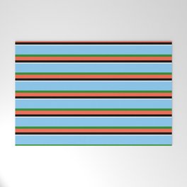 [ Thumbnail: Light Sky Blue, Forest Green, Red, Black, and White Colored Striped/Lined Pattern Welcome Mat ]