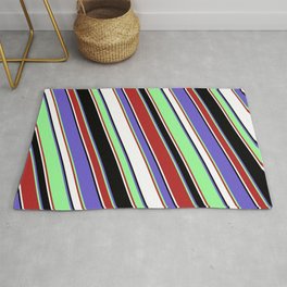 [ Thumbnail: Vibrant Green, Red, White, Black & Slate Blue Colored Lined Pattern Rug ]