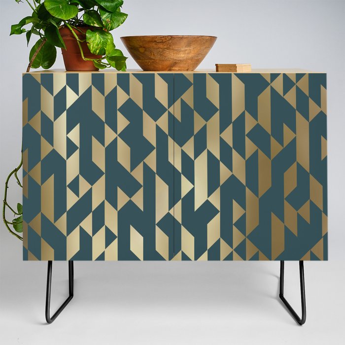 Abstract Geometric Pattern in Teal and Gold Credenza