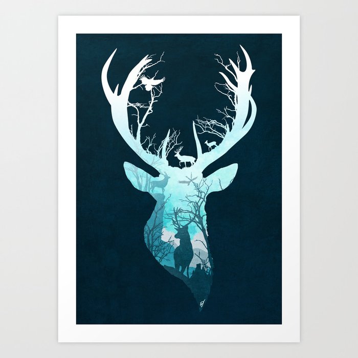 Deer Blue Winter Art Print