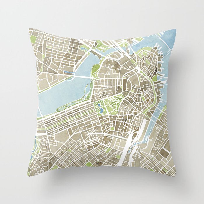Boston Sepia Watercolor Map Throw Pillow