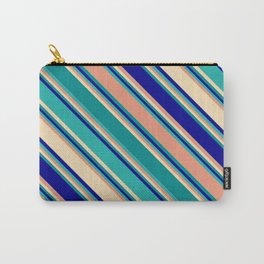 [ Thumbnail: Vibrant Dark Salmon, Tan, Dark Cyan, Dark Blue, and Light Sea Green Colored Striped/Lined Pattern Carry-All Pouch ]