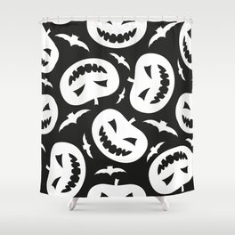 White halloween pumpkins and bats isolated on black background. Cute festive monochrome seamless pattern. Vintage flat graphic illustration. Texture.  Shower Curtain