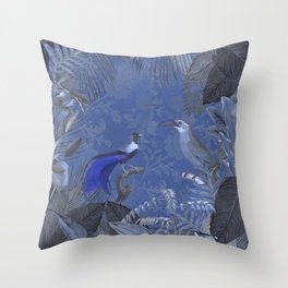 Midnight Jungle Blue Tropical Paradise With Birds And Exotic Plants Throw Pillow