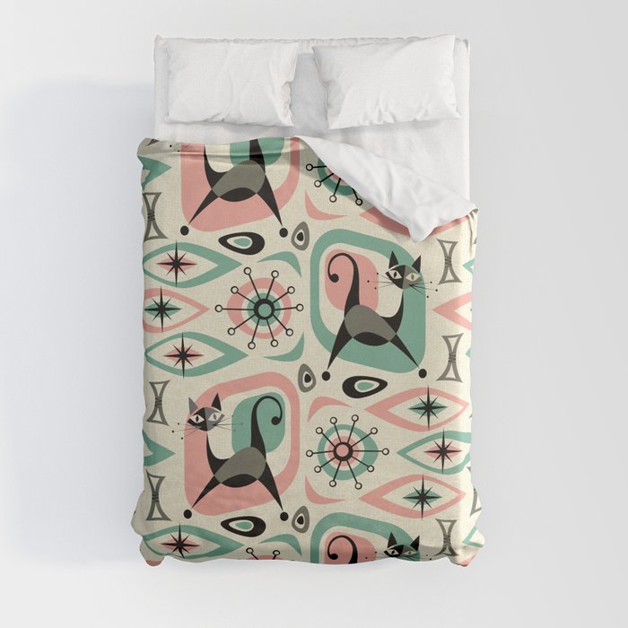 Mid Century Cat Abstract - Pink Aqua Duvet Cover