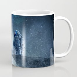 Lone Astronaut Sitting At Starry Space Cliff Edge Observing Earth Ultra HD Coffee Mug