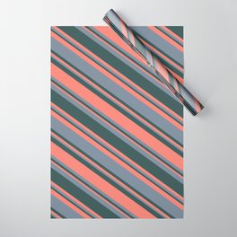 [ Thumbnail: Dark Slate Gray, Salmon & Light Slate Gray Colored Stripes/Lines Pattern Wrapping Paper ]