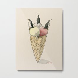 Penguin Ice-Cream Trinity Metal Print | Watercolor, Summer, Strawberry, Stracciatella, Curated, Painting, Animal, Waffle, Cone, Ice Cream 