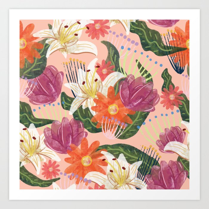 peach watercolor floral pattern Art Print