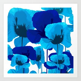 Blue And Turquoise Poppies On A White Background #decor #society6 #buyart Art Print