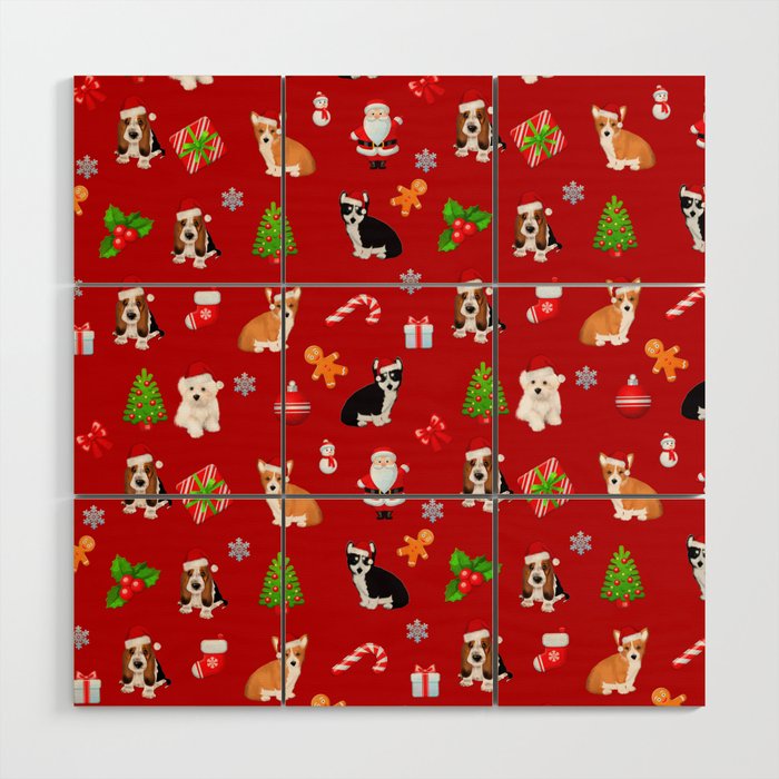 Christmas,festive puppies pattern Wood Wall Art