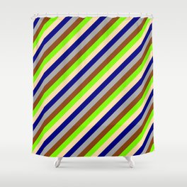 [ Thumbnail: Eyecatching Green, Tan, Blue, Dark Grey, and Brown Colored Lined/Striped Pattern Shower Curtain ]