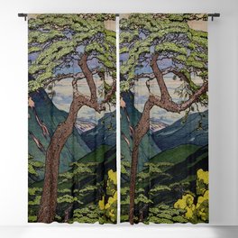 The Downwards Climbing - Summer Tree & Mountain Ukiyoe Nature Landscape in Green Blackout Curtain