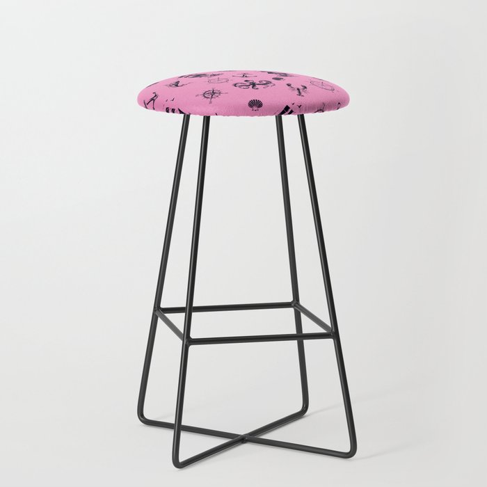 Pink And Blue Silhouettes Of Vintage Nautical Pattern Bar Stool