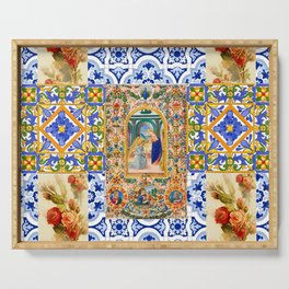 Italian,Sicilian art,holy Mary,Virgin Mary,maiolica,tiles,vintage roses  Serving Tray