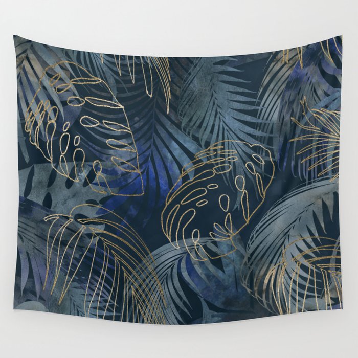 Mystic Jungle Monstera And Palm Leaves Blue And Gold Wall Tapestry