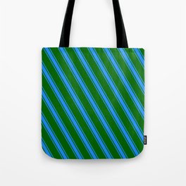 [ Thumbnail: Dark Green and Blue Colored Lines Pattern Tote Bag ]