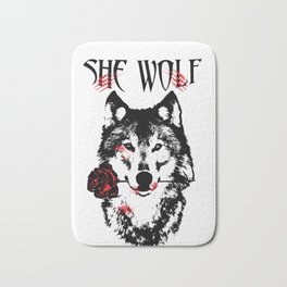 Wolf blood stained, holding a red rose. Bath Mat