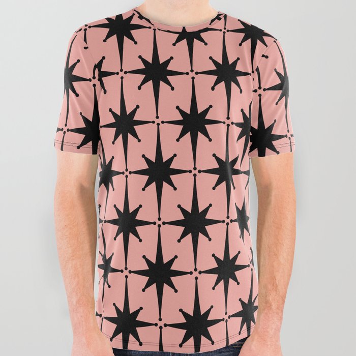 Midcentury Modern Atomic Starburst Pattern in 50s Bathroom Pink and Black All Over Graphic Tee