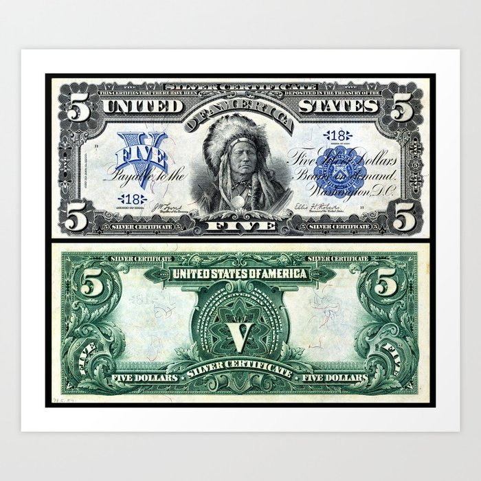Vintage 1899 Running Antelope Native American US $5 Dollar Bill Silver Certificate Art Print