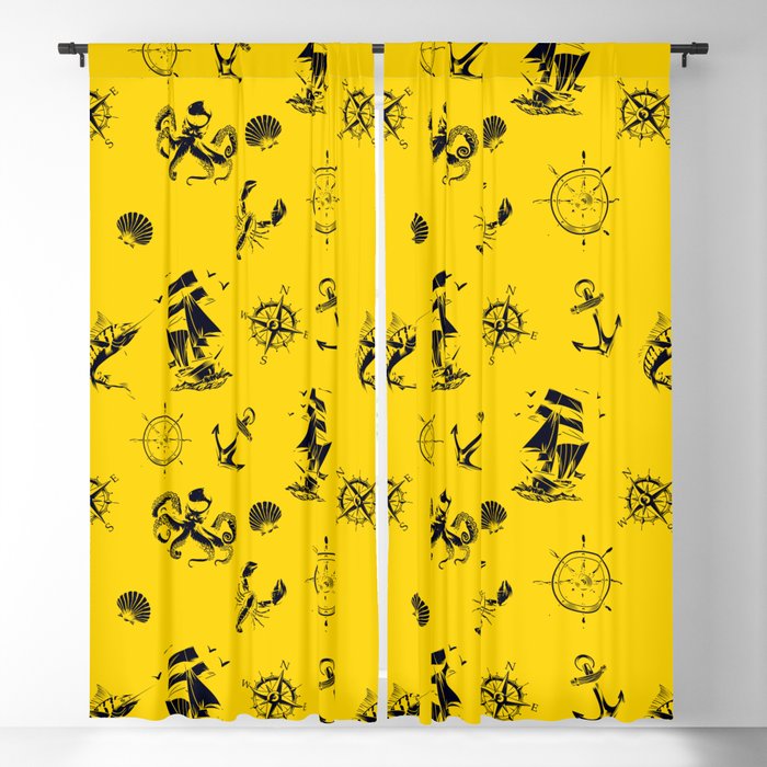 Yellow And Blue Silhouettes Of Vintage Nautical Pattern Blackout Curtain