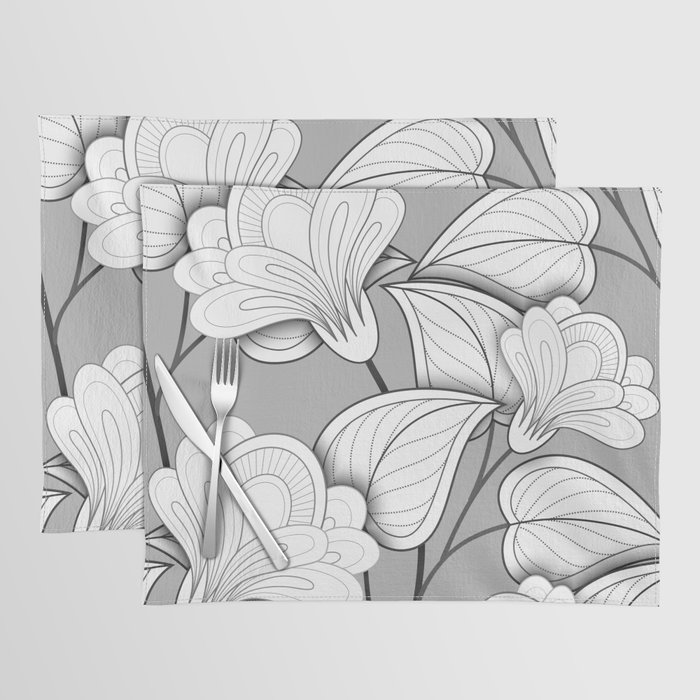 Seamless Monochrome Floral Pattern. Hand Drawn Floral Texture, Decorative Flowers Placemat