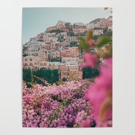 Positano, Italy Travel Photography with Pink Flowers Poster