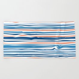 Modern Abstract Ocean Wave Stripes in Classic Blues and Orange Beach Towel