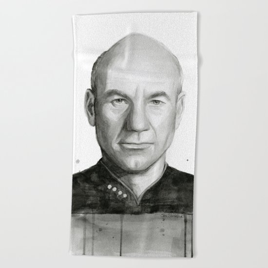 Captain Picard Watercolor Portrait Beach Towel