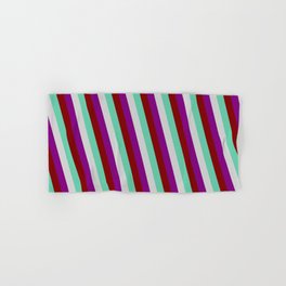 [ Thumbnail: Aquamarine, Light Gray, Purple, and Maroon Colored Stripes Pattern Hand & Bath Towel ]