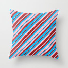 [ Thumbnail: Deep Sky Blue, Pink, and Red Colored Lined/Striped Pattern Throw Pillow ]