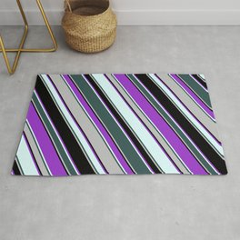 [ Thumbnail: Dark Orchid, Light Cyan, Dark Slate Gray, Grey, and Black Colored Lines Pattern Rug ]