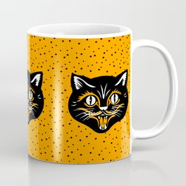 Vintage Type Halloween Black Cat Face Stars Orange Mug