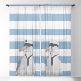 Captain Seagull on blue stripes Sheer Curtain