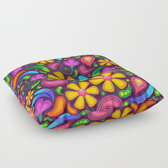 Brightly Colored Yellow Floral Pattern Floor Pillow