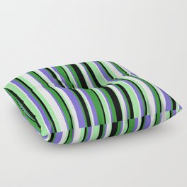[ Thumbnail: Colorful Forest Green, Slate Blue, White, Green, and Black Colored Stripes Pattern Floor Pillow ]