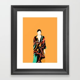 fashion woman with a flower pattern dress in a minimal yellow background Framed Art Print