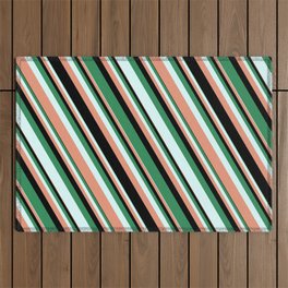 [ Thumbnail: Sea Green, Light Cyan, Dark Salmon, and Black Colored Striped/Lined Pattern Outdoor Rug ]