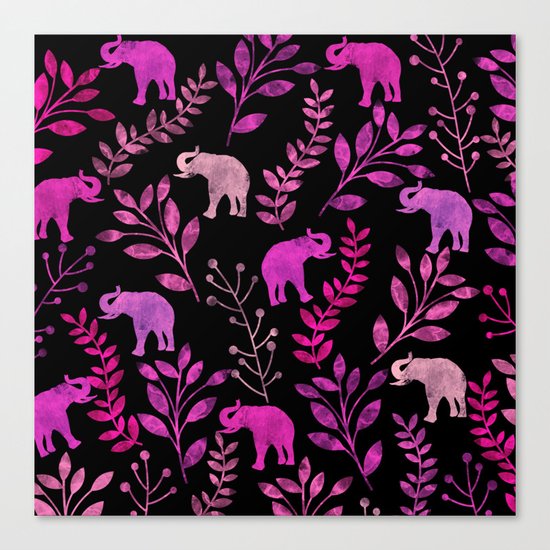 Watercolor Flowers & Elephants III Canvas Print